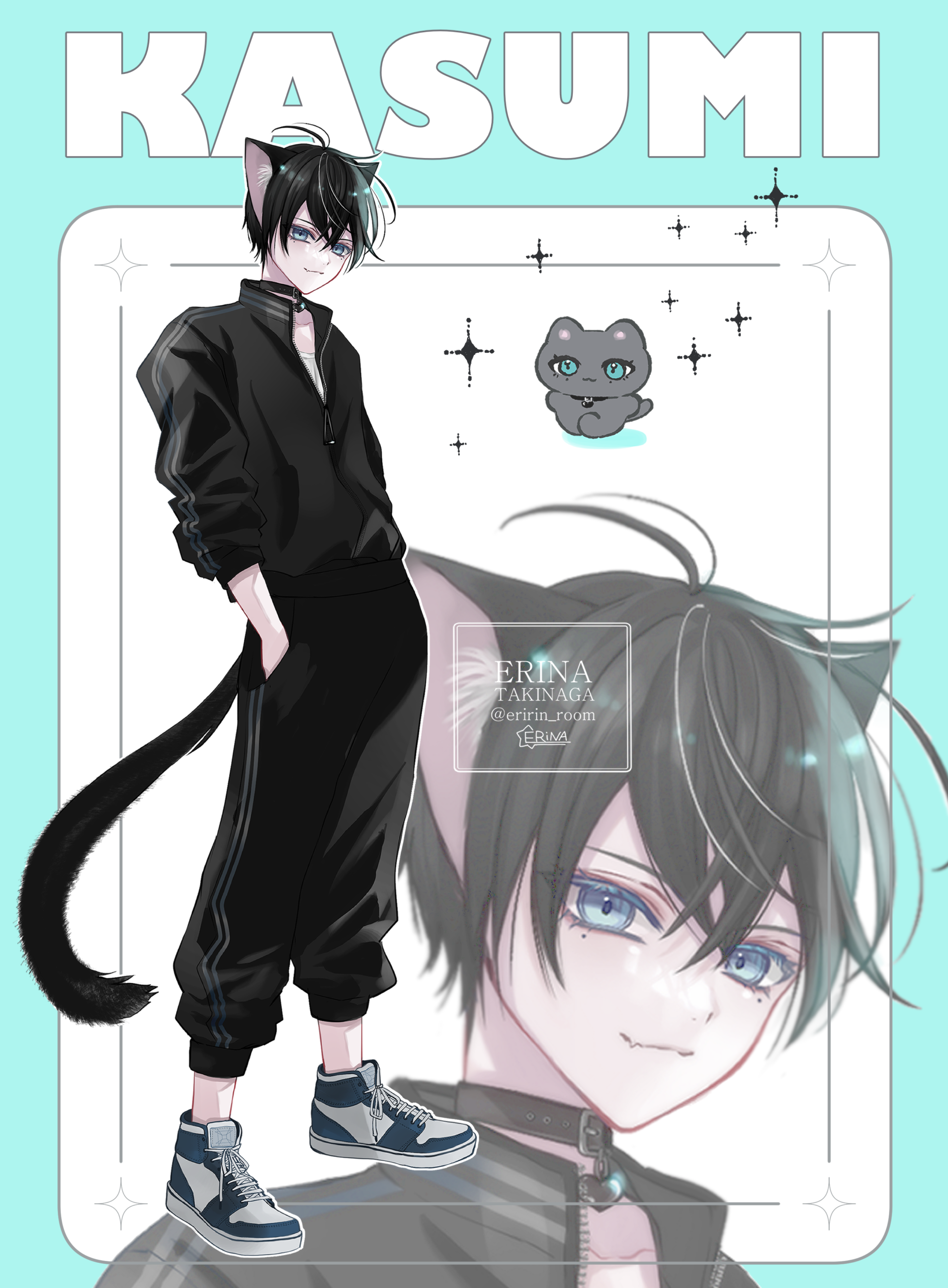 滝永エリナ　イケメンイラスト　男子イラスト　猫耳　黒髪男子